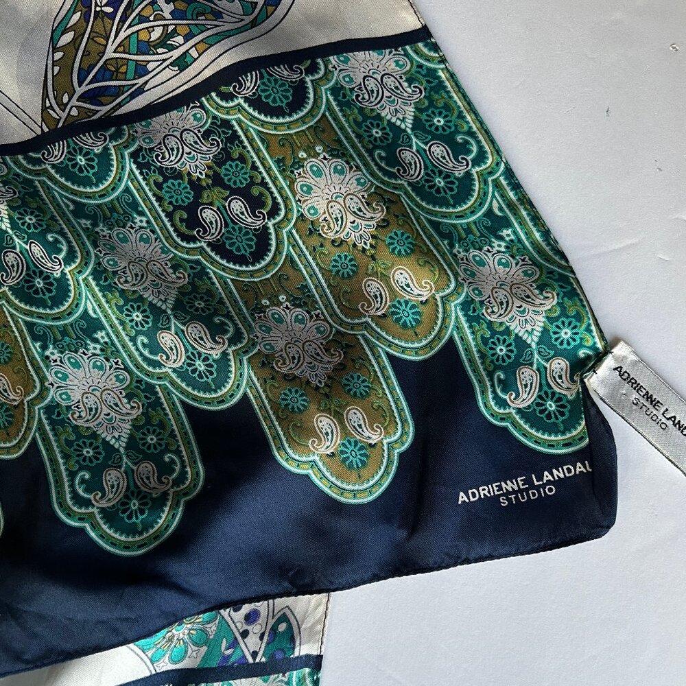 ADRIENNE LANDAU Studio Vintage Scarf Navy Paisley Print Oblong SILK